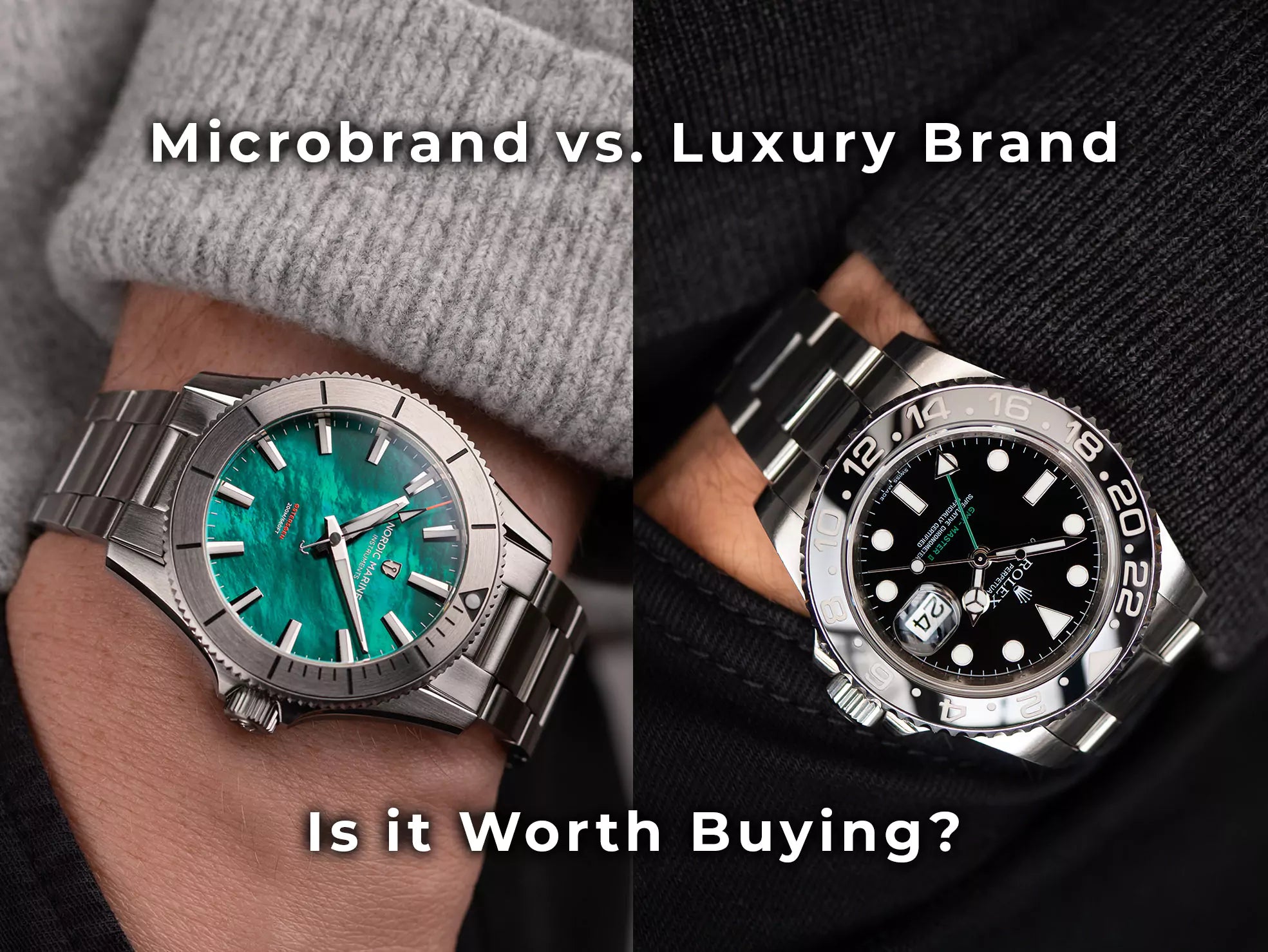 pocket shot of a watch with a green dial and a watch with a black dial gmt both stainless steel