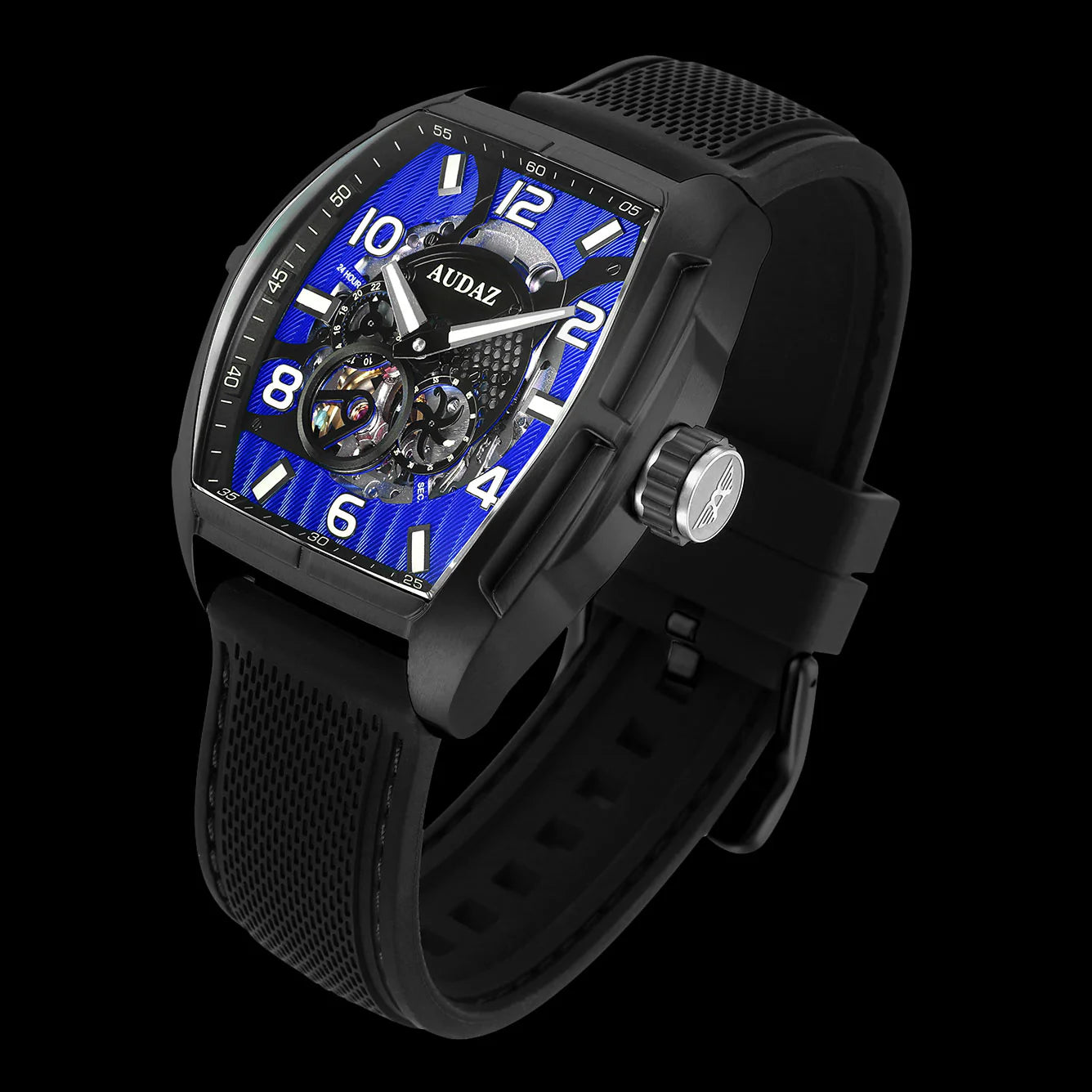 Audaz black and blue watch with skeletonized visible movement