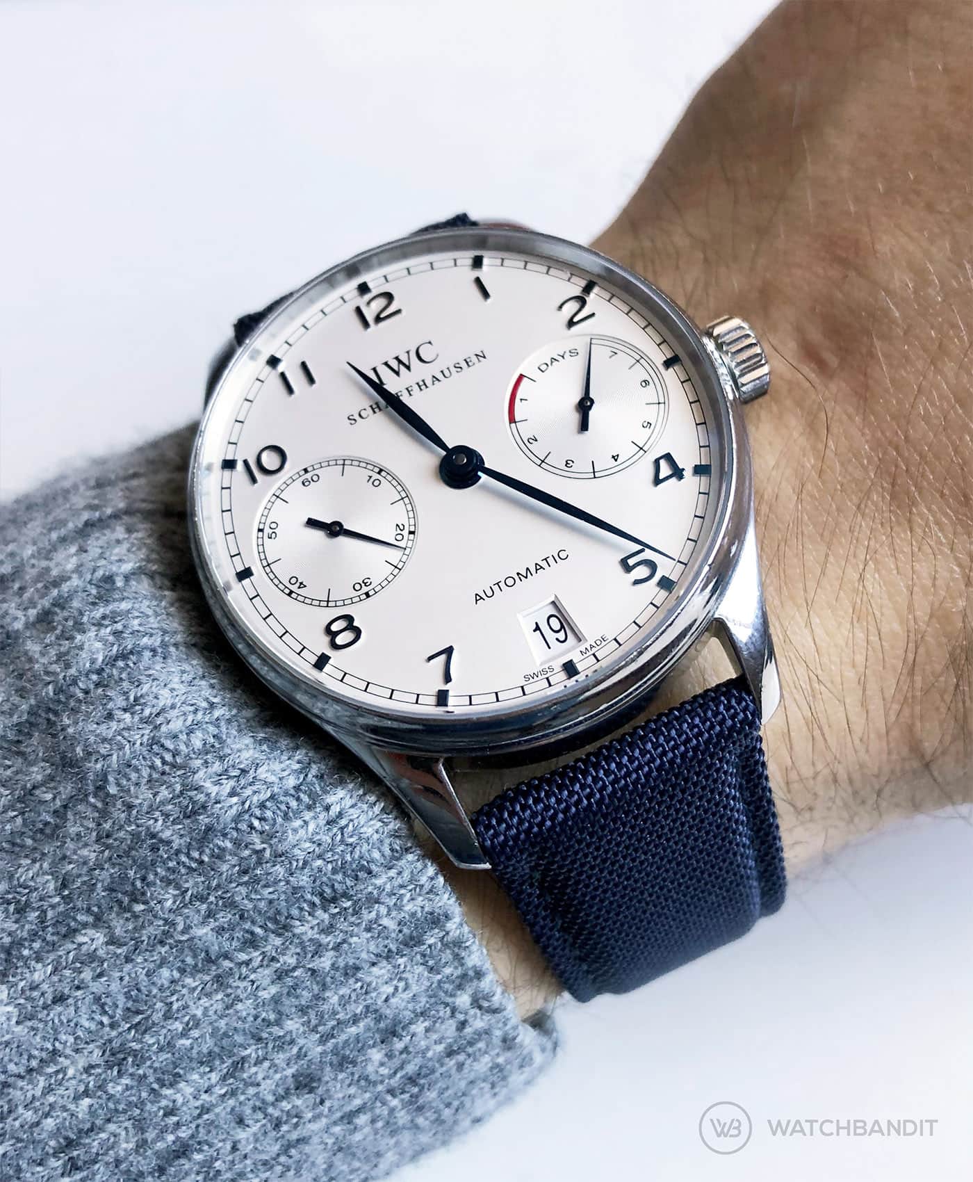 IWC Portugieser 10 days automatic dark blue premium sailcloth strap wrist shot watchbandit