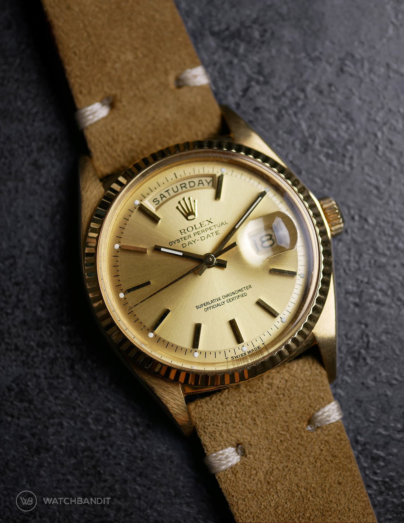 Rolex Day-Date on Watchbandit beige vintage suede leather strap