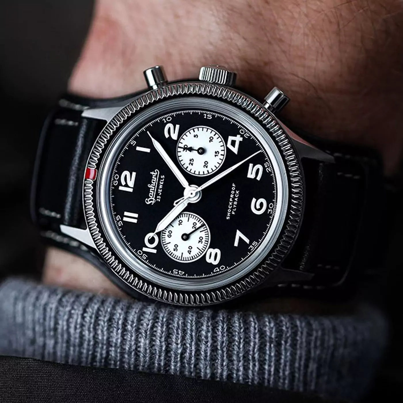 hanhart-417-es-flyback-reverse-panda-42-mm-leather-strap-wrist-shot