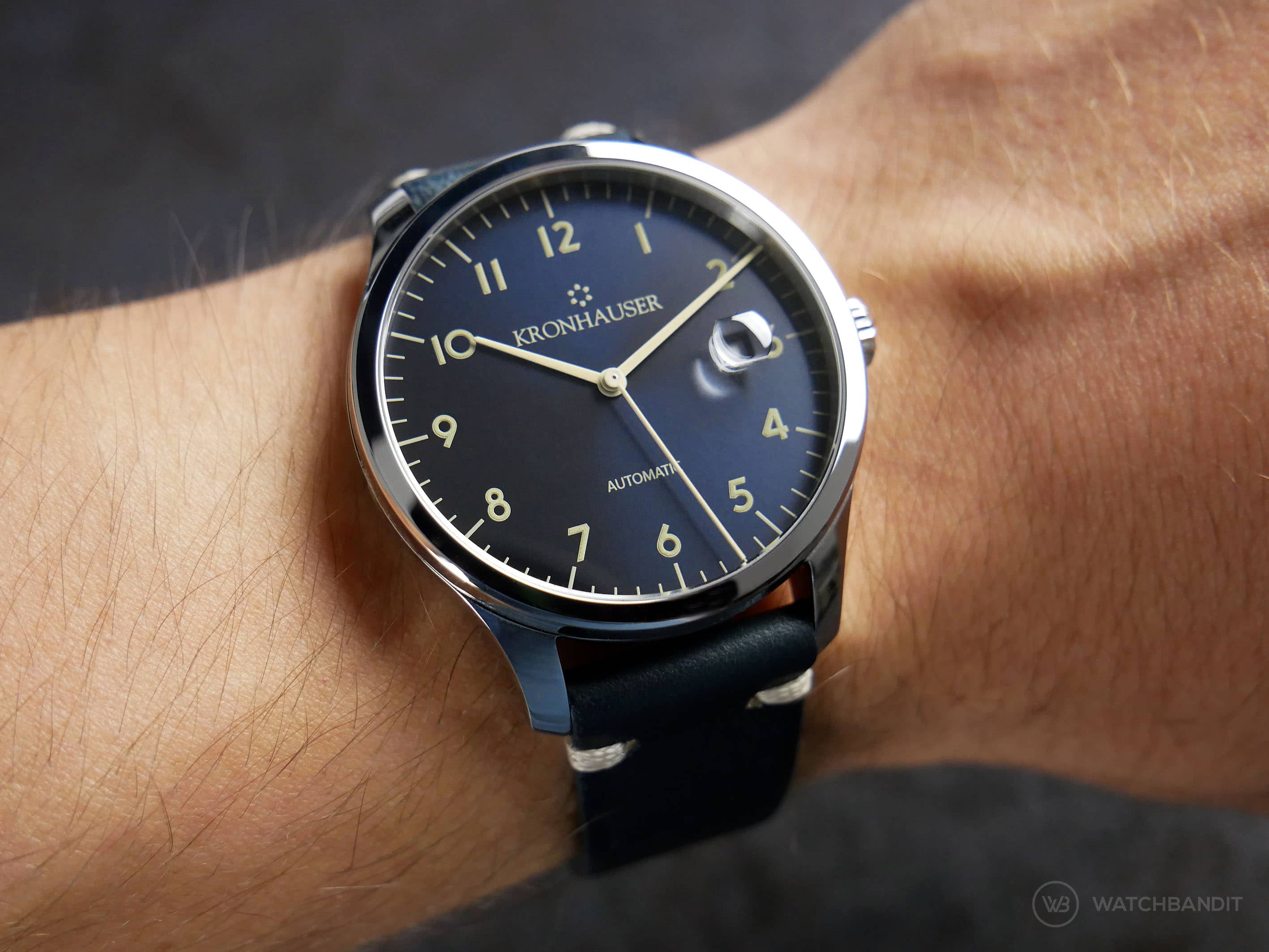 Kronhauser Dark Blue Sunburst wrist shot on watchbandit vintage strap