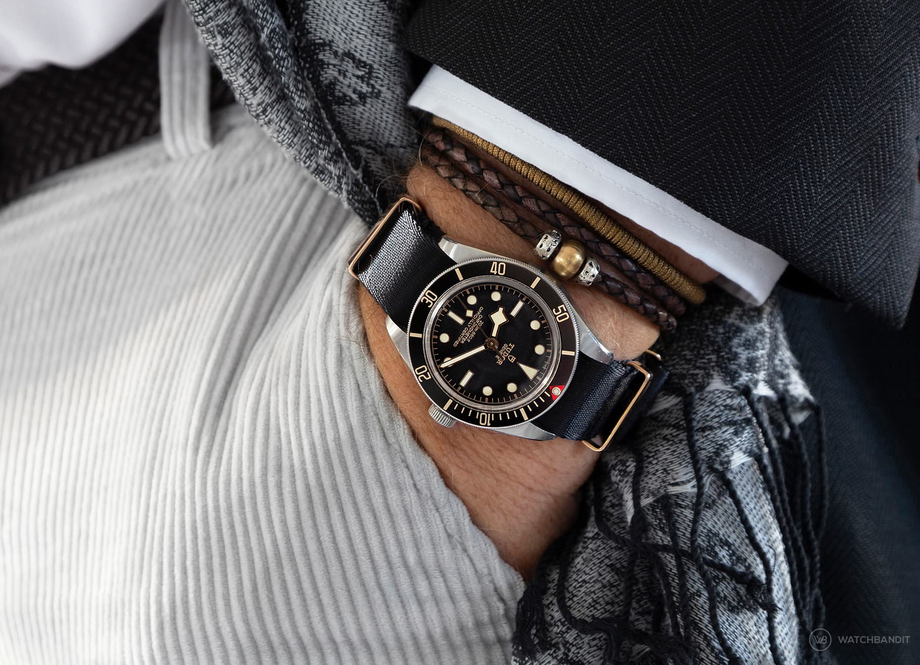 Tudor Black Bay 58 Pocket Shot on black rose gold NATO strap by Watchbandit