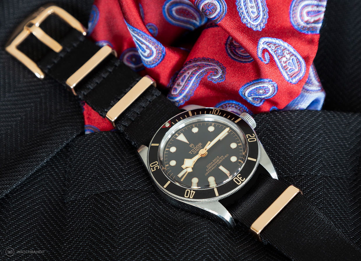Tudor Black Bay rose gold Nato strap black