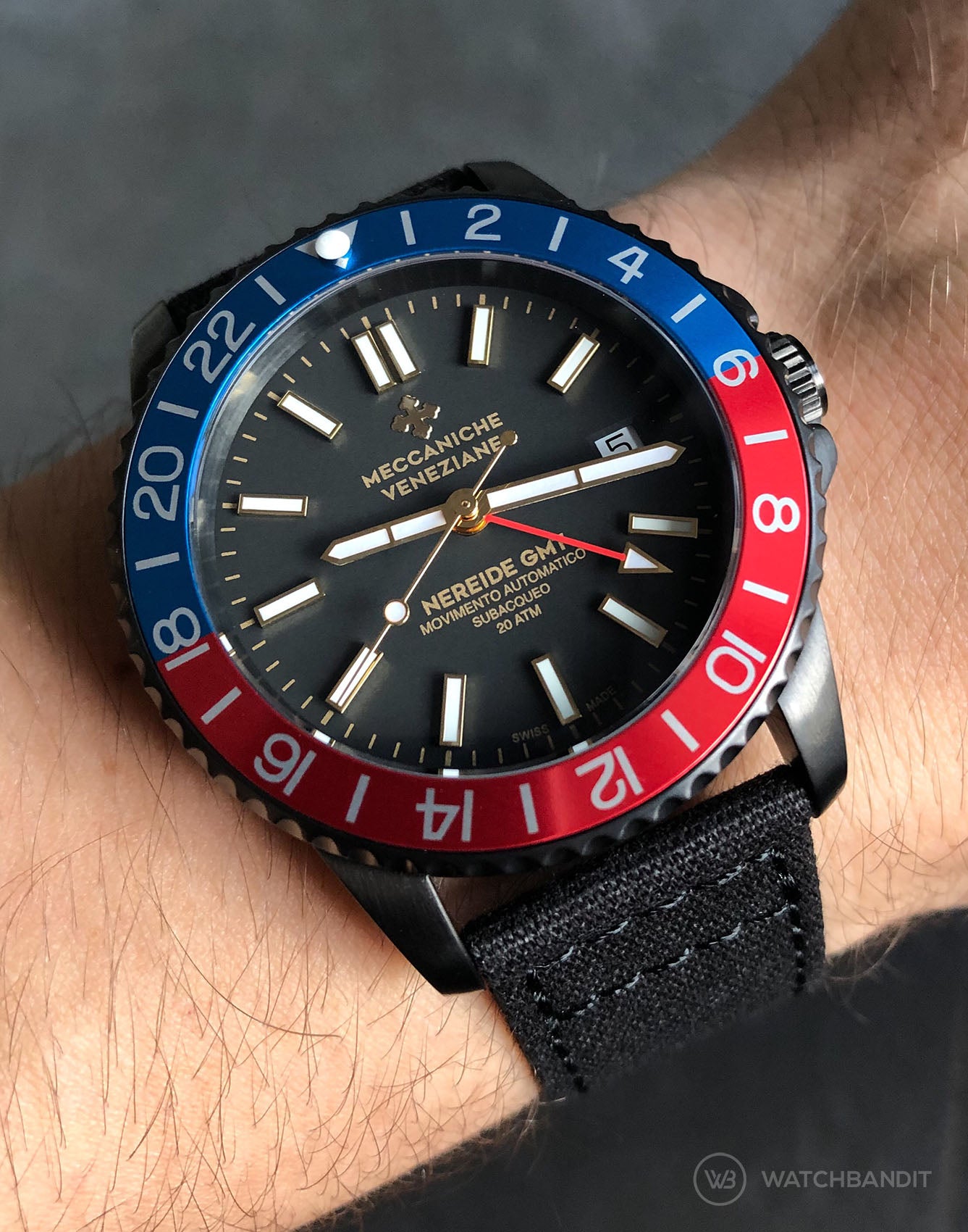 Meccaniche Veneziane Nereide Pepsi GMT Diaspro PVD Watchbandit black Canvas strap