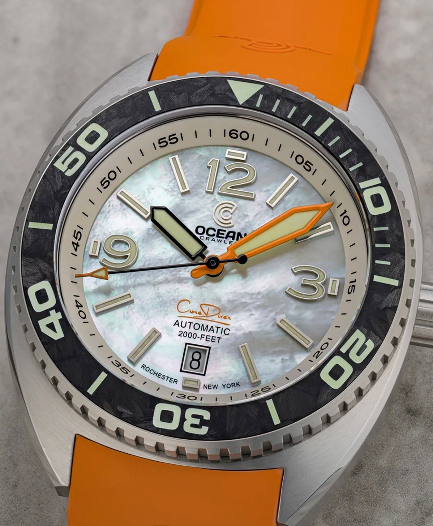 Ocean Crawler Core Diver - White Mother of Pearl - Carbon Fiber Bezel - dial close up