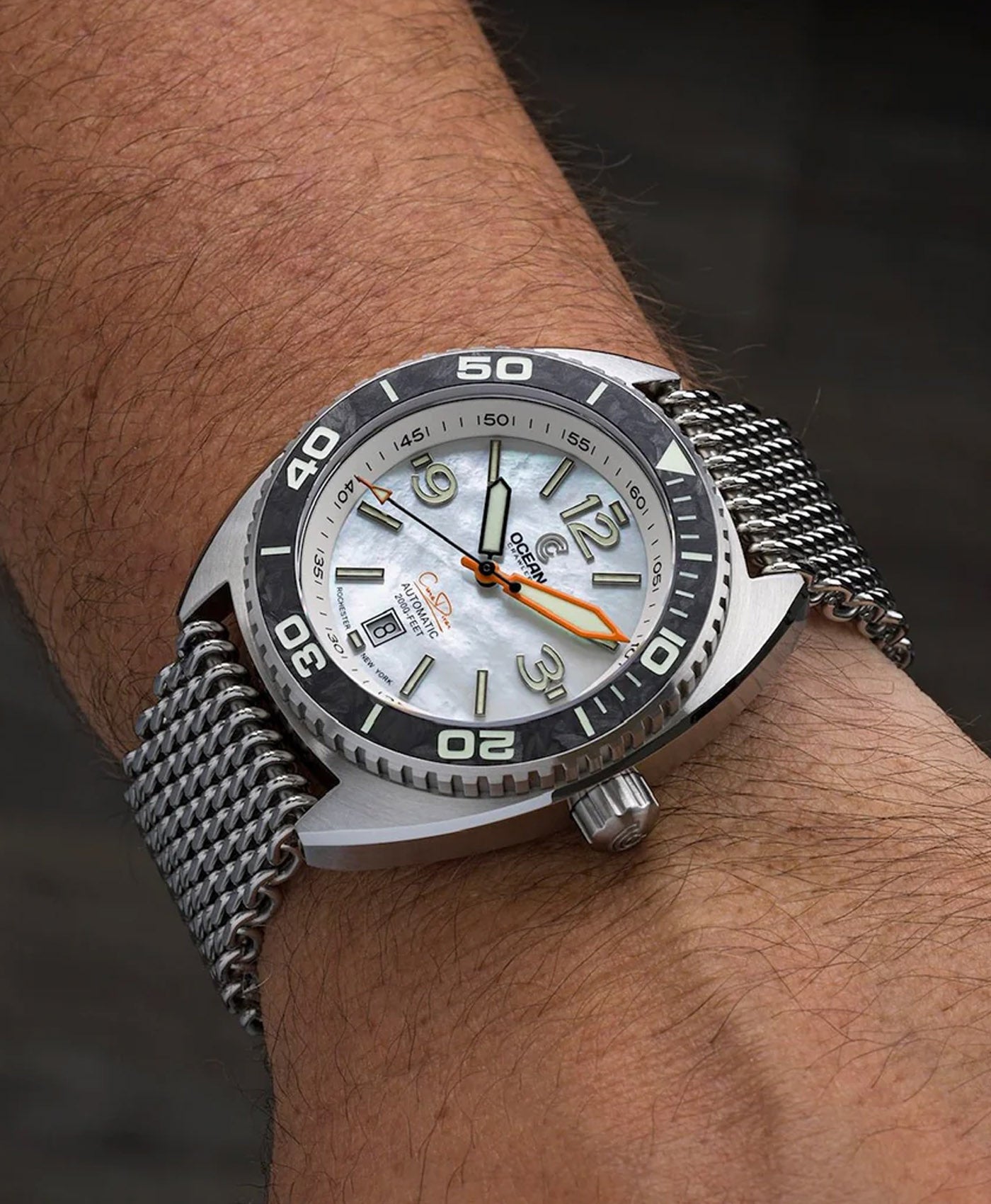 Ocean Crawler Core Diver - White Mother of Pearl - Carbon Fiber Bezel - wrist shot