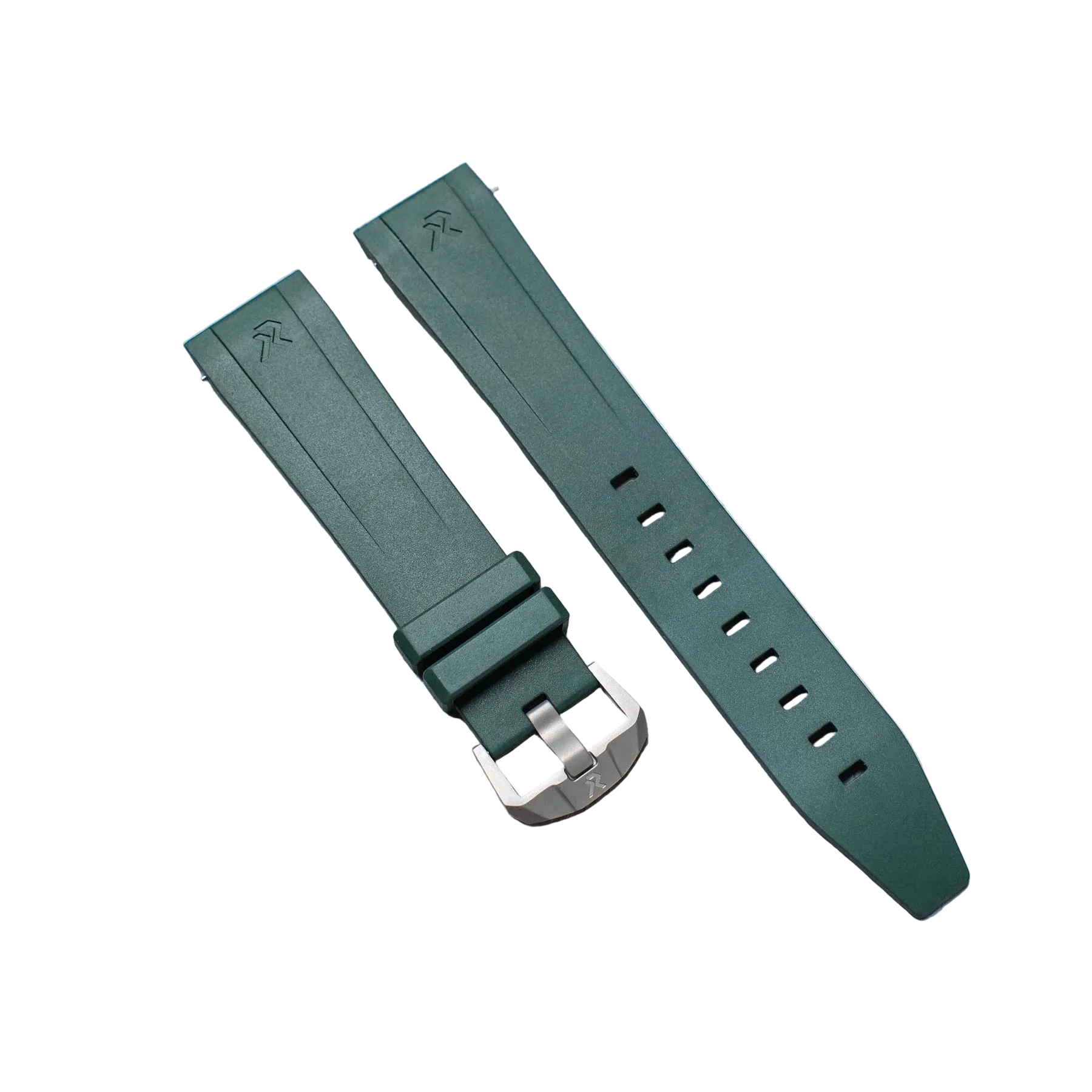 A dark green watch strap with a silver metal buckle, laid flat on a light gray textured surface. The strap features an engraved logo on the inner end and a row of adjustment holes.