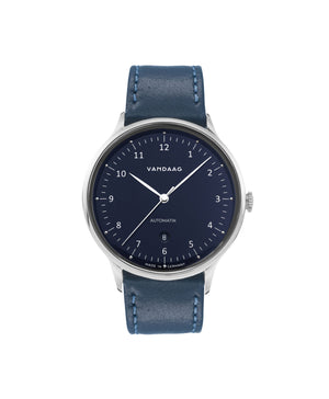 Vandaag - Primus Automatik - Stahl-Blau - Blaues Lederarmband