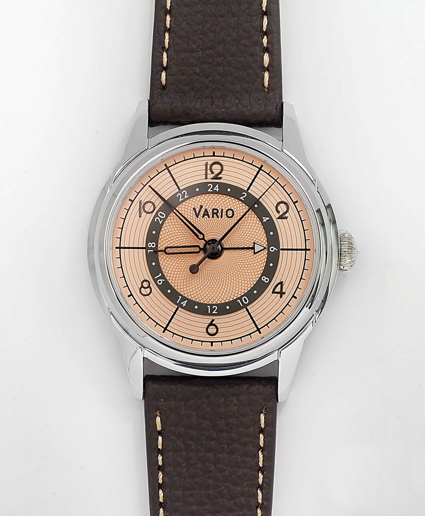 Vario - Empire Seasons True GMT - Autumn Salmon Automatic Dress Watch - Espresso Brown Leather & Metal Bracelet-min