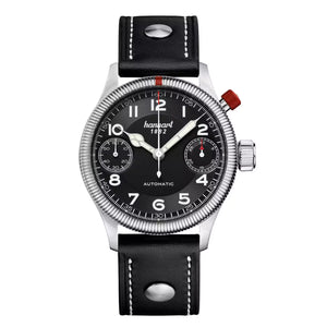 Hanhart - MonoScope - Schwarz - Geriffelte Lünette - 45 mm - Schwarzes Leder