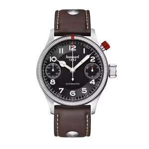 Hanhart - MonoScope - Schwarz - Geriffelte Lünette - 45 mm - Dunkelbraunes Leder