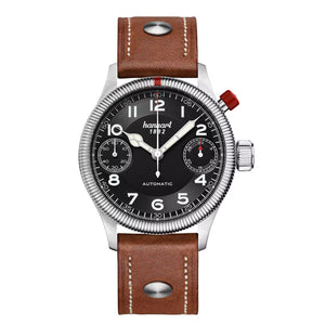Hanhart - MonoScope - Schwarz - Geriffelte Lünette - 45 mm - Hellbraunes Leder