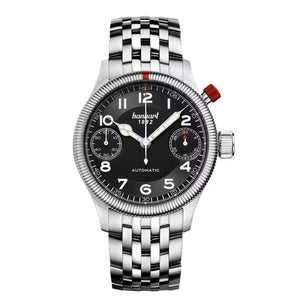 Hanhart - MonoScope - Schwarz - Geriffelte Lünette - 45 mm - Edelstahlarmband