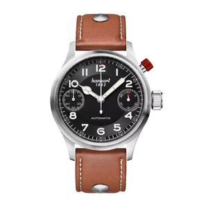 Hanhart - MonoScope - Schwarz - Glatte Lünette - 45 mm - Hellbraunes Leder