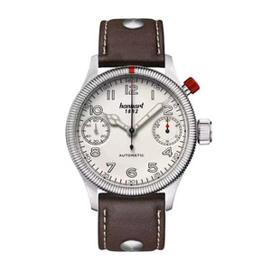 Hanhart - MonoScope - Silber - Geriffelte Lünette - 45 mm - Dunkelbraunes Leder