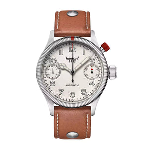 Hanhart - MonoScope - Silber - Geriffelte Lünette - 45 mm - Hellbraunes Leder