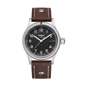 Hanhart - PIONEER One - Schwarz - 42 mm - Braunes Leder mit Nieten