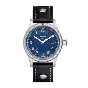Hanhart - PIONEER One - Blau - 42 mm - Schwarzes Leder mit Nieten