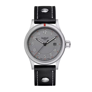 Hanhart - PIONEER One - Grau - 42 mm - Schwarzes Leder mit Nieten