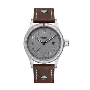 Hanhart - PIONEER One - Grau - 42 mm - Braunes Leder mit Nieten