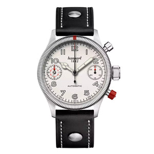 Hanhart - PIONEER TwinDicator - Antikweiss - Geriffelte Lünette - 45 mm - Schwarzes Leder