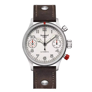 Hanhart - PIONEER TwinDicator - Antikweiss - Geriffelte Lünette - 45 mm - Dunkelbraunes Leder
