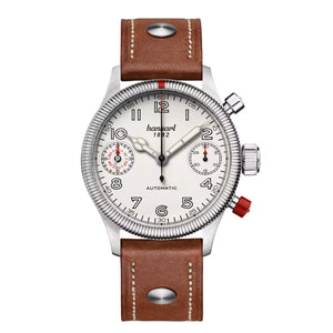 Hanhart - PIONEER TwinDicator - Antikweiss - Geriffelte Lünette - 45 mm - Hellbraunes Leder