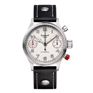 Hanhart - PIONEER TwinDicator - Antikweiss - Glatte Lünette - 45 mm - Schwarzes Leder