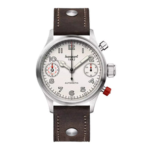 Hanhart - PIONEER TwinDicator - Antikweiss - Glatte Lünette - 45 mm - Dunkelbraunes Leder