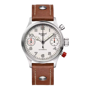 Hanhart - PIONEER TwinDicator - Antikweiss - Glatte Lünette - 45 mm - Hellbraunes Leder