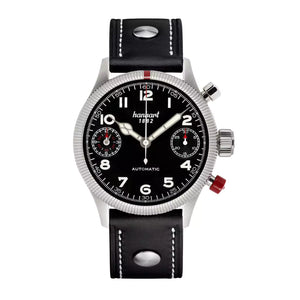 Hanhart - PIONEER TwinDicator - Schwarz - Geriffelte Lünette - 45 mm - Schwarzes Leder