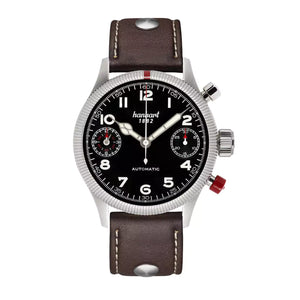 Hanhart - PIONEER TwinDicator - Schwarz - Geriffelte Lünette - 45 mm - Dunkelbraunes Leder