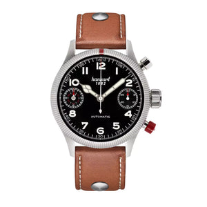 Hanhart - PIONEER TwinDicator - Schwarz - Geriffelte Lünette - 45 mm - Hellbraunes Leder