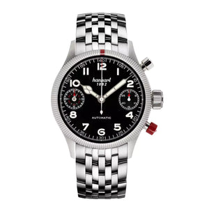 Hanhart - PIONEER TwinDicator - Schwarz - Geriffelte Lünette - 45 mm - Edelstahlarmband
