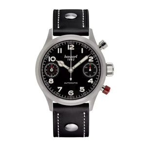 Hanhart - PIONEER TwinDicator - Schwarz - Glatte Lünette - 45 mm - Schwarzes Leder