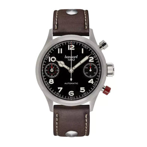 Hanhart - PIONEER TwinDicator - Schwarz - Glatte Lünette - 45 mm - Dunkelbraunes Leder