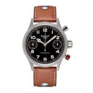 Hanhart - PIONEER TwinDicator - Schwarz - Glatte Lünette - 45 mm - Hellbraunes Leder