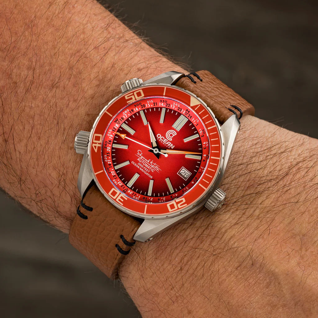 ocean-crawler-ocean-navigator-red-v3-titanium-brown strap wrist shot