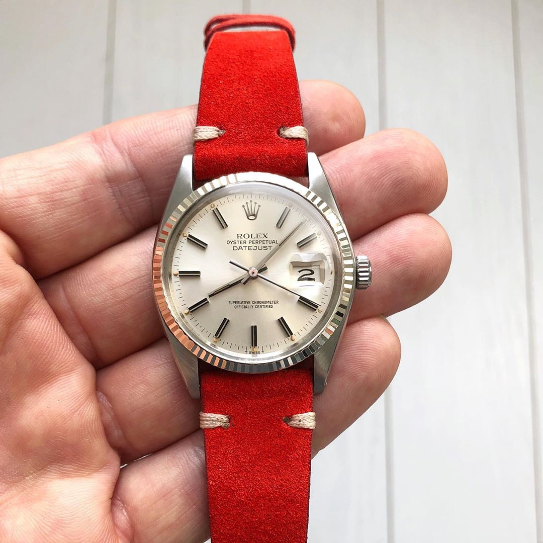 rolex datejust on red watchbandit suede by rolopalooza