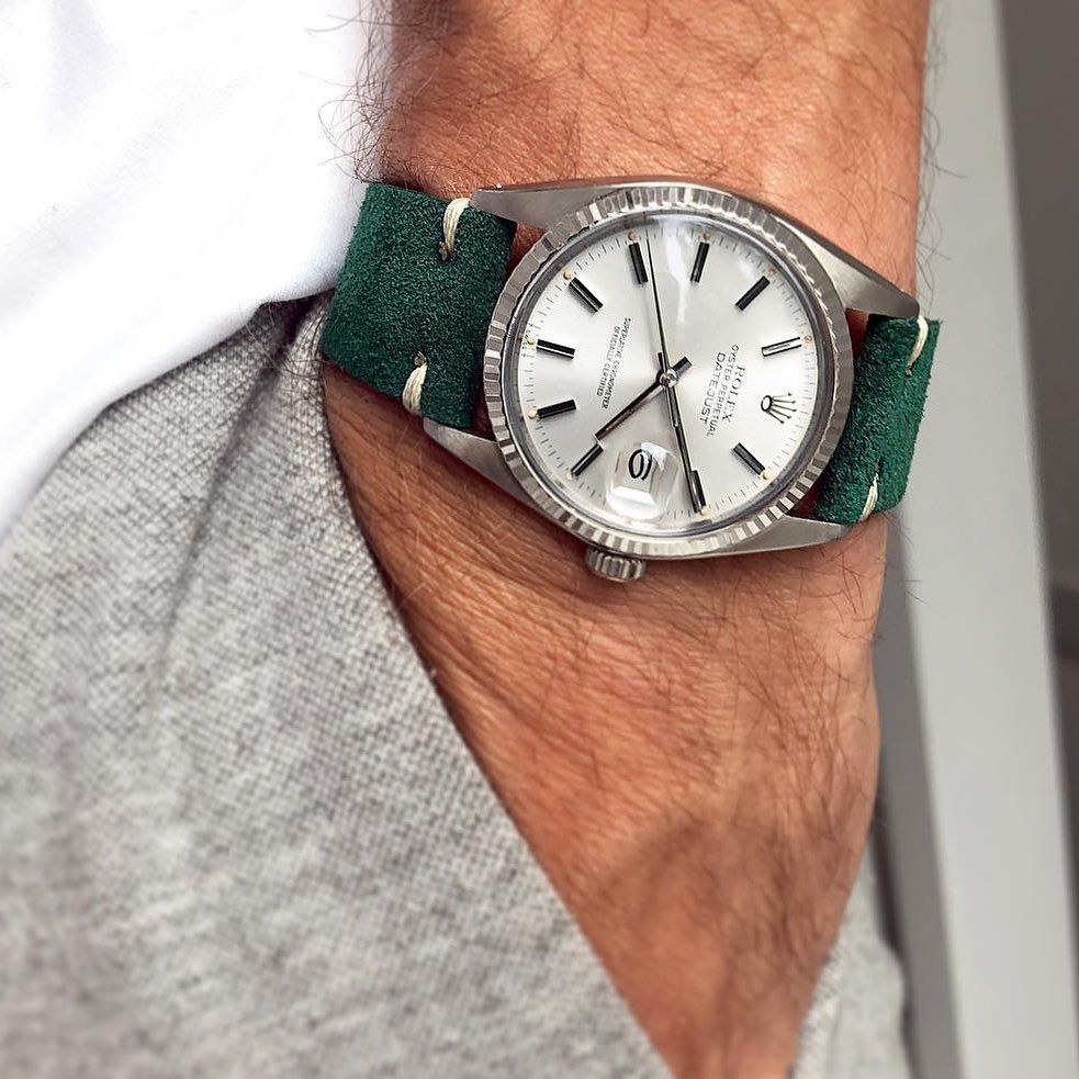 rolex datejust 16014 watchbandit suede strap green