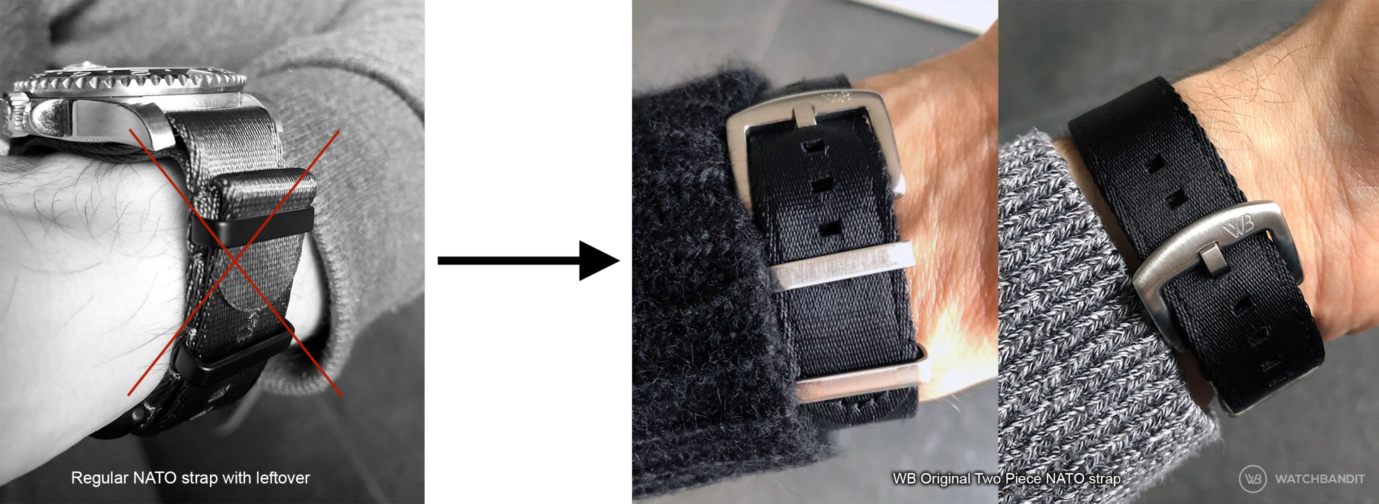 Reguläres NATO Uhrenarmband mit Überbleibsel im Vergleich zu einem zweiteiligen NATO Armband two piece NATO von Watchbandit