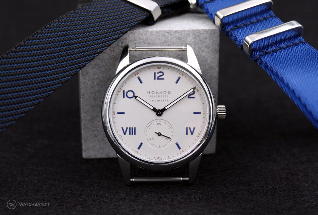 NOMOS Club Campus Neomatik 39 Ref. 765, white silver dial and NATO watchbandit straps