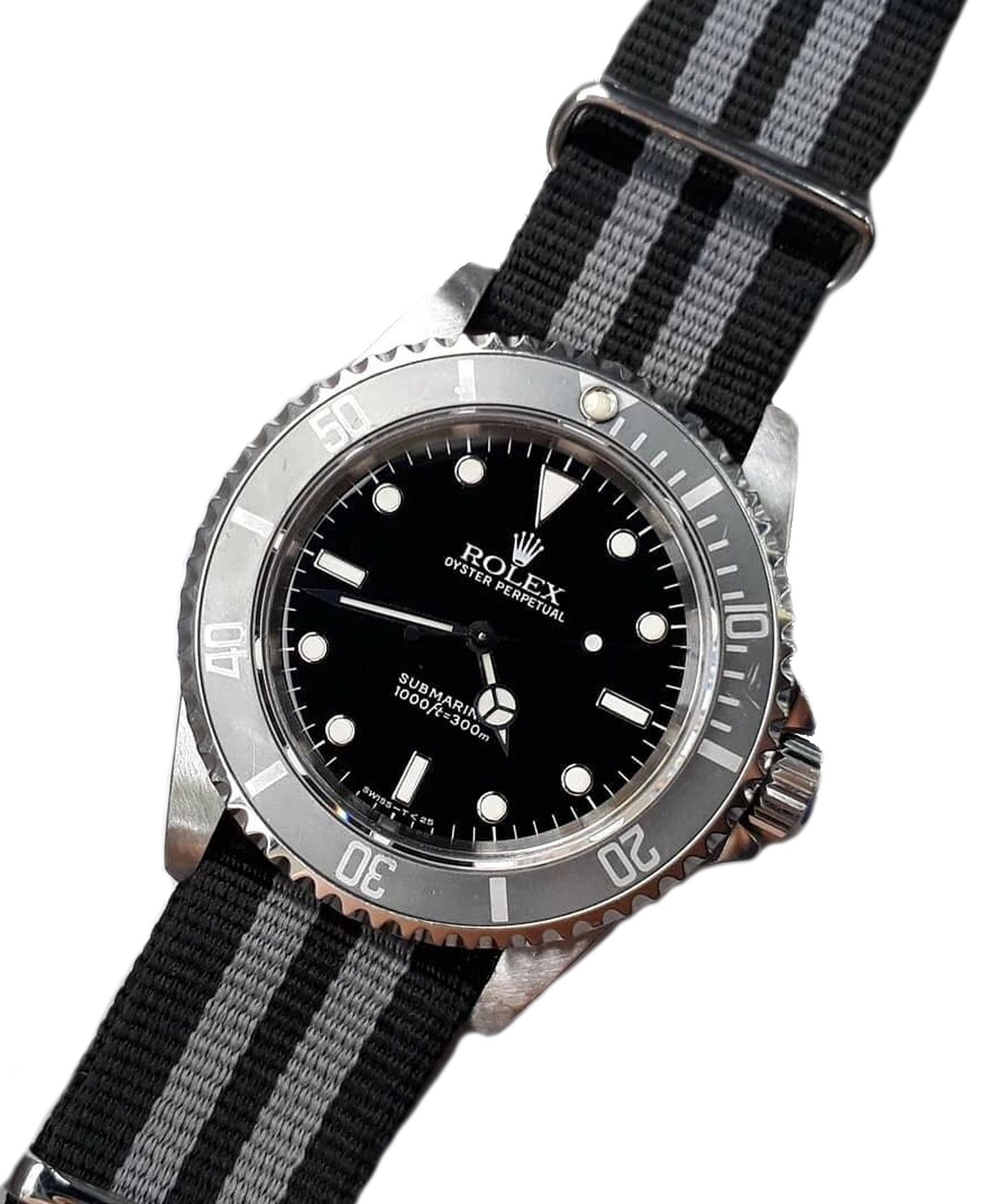 Rolex Submariner military vintage on Black and Grey striped Nato strap James Bond style
