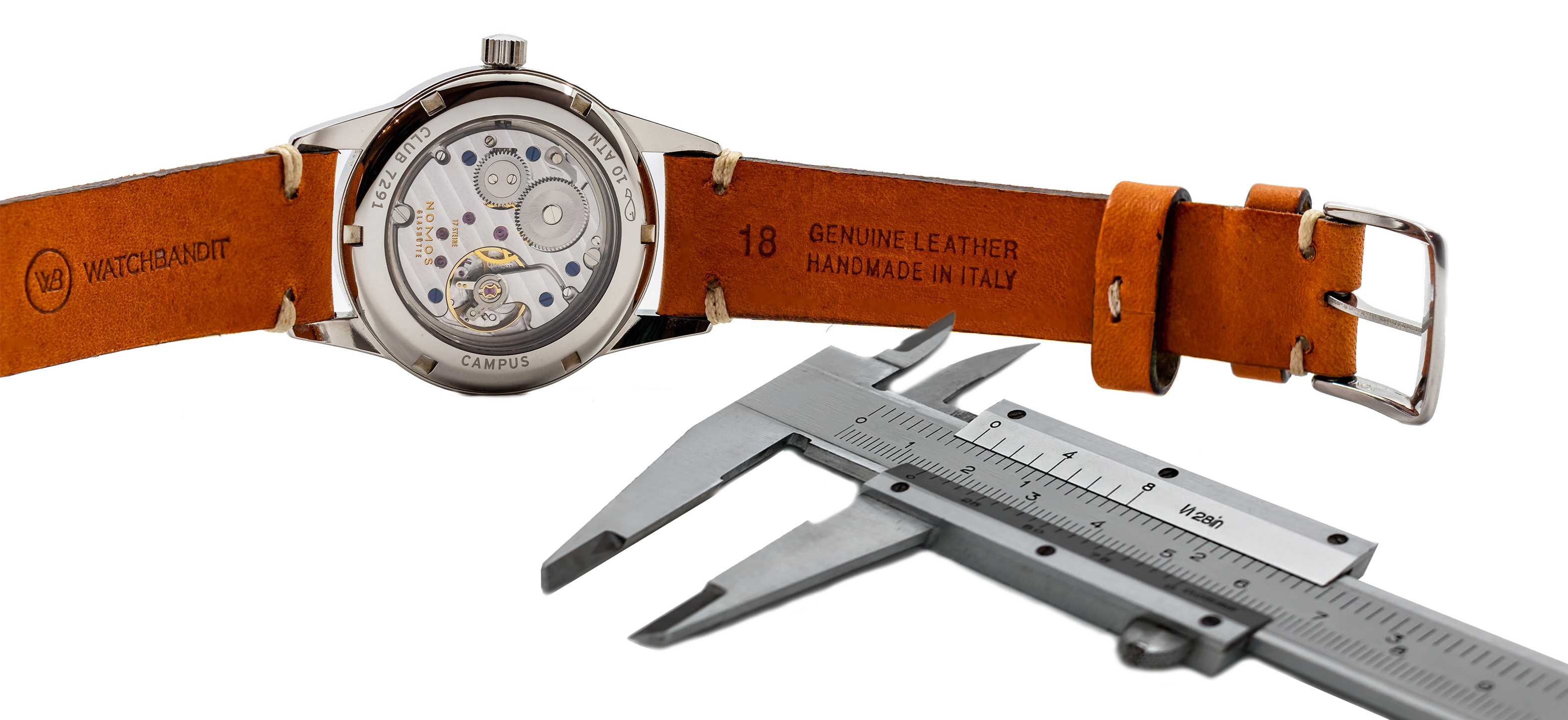 Messung der Stegbreite an einer Nomos Club 18mm vintage Leder Uhrenarmband