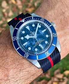 Tudor BB blue red adjustable single pass NATO strap by watchbandit