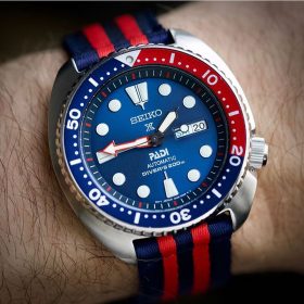 Padi Turtle Prospex blue red twp piece nato strap watchbandit