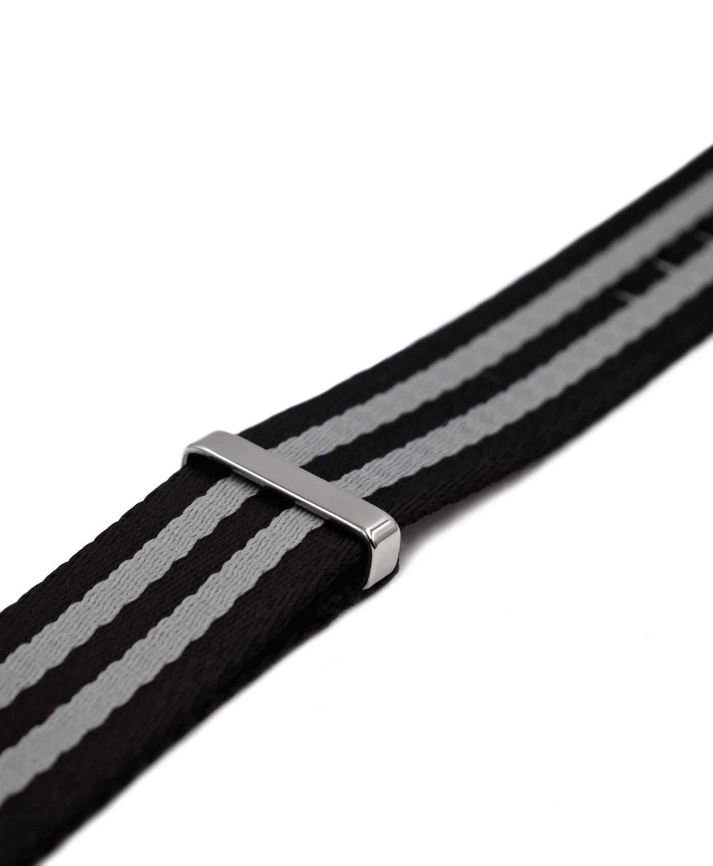 Premium 1.2 mm seat belt NATO Strap black grey striped side by WatchBandit