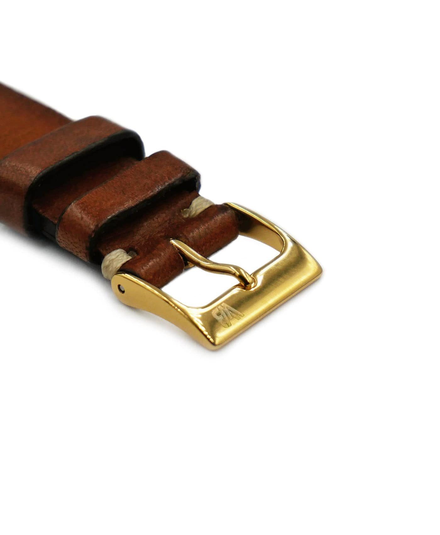 Gold Buckle on brown watch leather strap Watchbandit