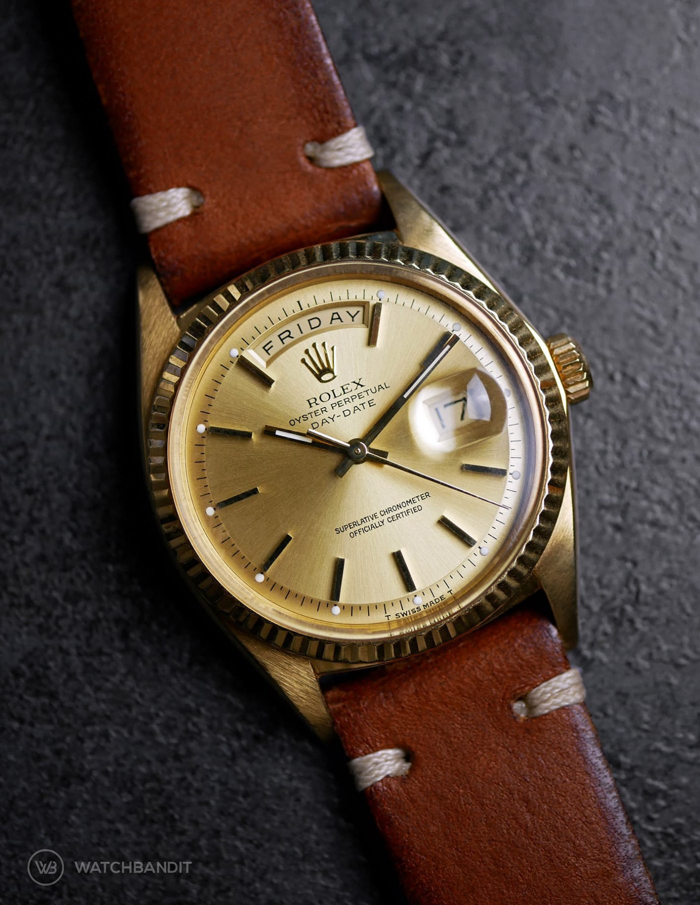 Rolex Day-Date an braunen Vintage-Lederarmband von WB Original